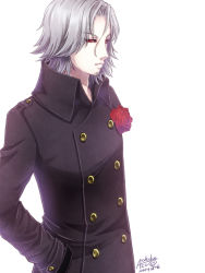 Rule 34 | 10s, 1boy, achikoako, black sclera, coat, colored sclera, double-breasted, facial hair, flower, goatee, hands in pockets, high collar, male focus, red eyes, red flower, red rose, rose, signature, silver hair, solo, stubble, tokyo ghoul, white background, yomo renji