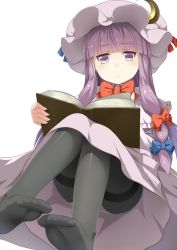 Rule 34 | 1girl, black pantyhose, blue bow, blunt bangs, bow, bowtie, capelet, crescent, crescent hair ornament, dress, feet, hair bow, hair ornament, hat, kamata yuuya, long hair, looking at viewer, mob cap, no shoes, pantyhose, patchouli knowledge, purple dress, purple eyes, purple hair, red bow, red bowtie, simple background, soles, solo, thighband pantyhose, toes, touhou, white background