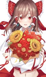 Rule 34 | 1girl, blush, bouquet, bow, brown hair, chroemaguro, commentary, cowboy shot, detached sleeves, flower, flower request, frilled bow, frilled hair tubes, frills, hair between eyes, hair bow, hair tubes, hakurei reimu, highres, holding, holding bouquet, long hair, long sleeves, looking at viewer, midriff, navel, parted lips, red bow, red eyes, red flower, red skirt, red vest, shirt, sidelocks, skirt, sleeveless, sleeveless shirt, smile, solo, touhou, vest, white shirt, white sleeves, yellow flower