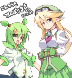 Rule 34 | 2girls, arm grab, bad id, bad pixiv id, blonde hair, blue eyes, corset, dress, earrings, gloves, goggles, goggles on head, green dress, green hair, green necktie, hat, itsumi1021, jewelry, long hair, multiple girls, necktie, original, pleated skirt, pointy ears, shirt, short hair, short twintails, skirt, smile, twintails, white background