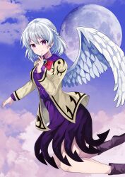Rule 34 | 1girl, absurdres, bow, bowtie, closed mouth, cloud, commentary request, dress, feathered wings, full moon, green brooch, highres, jacket, kishin sagume, long sleeves, looking at viewer, medium hair, moon, paro3920, pink eyes, purple dress, red bow, red bowtie, single wing, sky, smile, solo, suit jacket, touhou, twitter username, white hair, white wings, wings