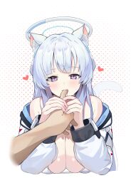 Rule 34 | 1girl, 1other, absurdres, animal ear fluff, animal ears, blue archive, blush, breasts, cat ears, cat tail, cleavage, closed mouth, finger sucking, grey hair, halo, heart, highres, jacket, large breasts, long hair, long sleeves, mechanical halo, naseul 777, noa (blue archive), purple eyes, tail, two-sided fabric, two-sided jacket, upper body, white jacket