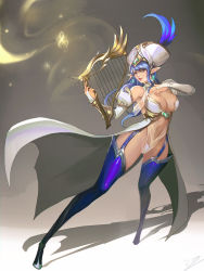 Rule 34 | &gt;:), 1girl, armpits, bare shoulders, blue footwear, blue hair, boots, breasts, bridal gauntlets, cleavage, closed mouth, detached collar, elf, full body, garter straps, harp, hat, hat feather, highres, instrument, large breasts, long hair, looking at viewer, musical note, navel, original, panties, pointy ears, revealing clothes, sidelocks, smile, smjim1986, solo, standing, stomach, thigh boots, thighhighs, underwear, v-shaped eyebrows, waist cape, white panties, yellow eyes