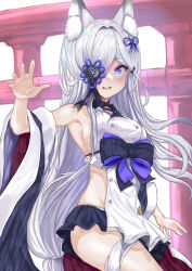 1girl animal_ear_fluff animal_ears azur_lane blue_eyes blue_skirt blush bodystocking breasts commentary fox_ears hair_over_one_eye highres kasumi_(azur_lane) kasumi_(retrofit)_(azur_lane) long_hair looking_at_viewer md5_mismatch medium_breasts mg42cat-k1ng open_mouth parted_bangs pleated_skirt skirt smile solo very_long_hair white_hair