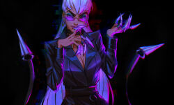 Rule 34 | 1girl, asymmetrical bangs, belt, black background, black belt, black choker, black suit, blue eyeshadow, breasts, business suit, center opening, choker, claw (weapon), cleavage, demon, demon girl, earrings, evelynn (league of legends), eyeshadow, finger to mouth, formal, hoop earrings, jewelry, k/da (league of legends), lashers, league of legends, long hair, looking at viewer, makeup, medium breasts, necklace, open hand, pink lips, ponytail, purple-tinted eyewear, rimless eyewear, slit pupils, solo, suit, supersappho, the baddest evelynn, tinted eyewear, tooth necklace, very long hair, weapon, white hair, yellow eyes