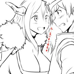 Rule 34 | 10s, 1boy, 1girl, blush, breasts, cleavage, eye contact, horns, huge breasts, lineart, long hair, looking at another, maou (maoyuu), maoyuu maou yuusha, monochrome, open mouth, short hair, simple background, smile, sweat, teeth, tongue, translation request, white background, yuusha (maoyuu), zaxwu