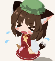 &gt;_&lt; 1girl animal_ear_fluff animal_ear_piercing animal_ears arm_at_side bag blush bow bowtie cat_ears cat_tail chen commentary_request crying earrings flying_teardrops food handbag hat highres ice_cream ice_cream_cone ice_cream_cone_spill jewelry long_sleeves mob_cap multiple_tails nekomata open_mouth puffy_long_sleeves puffy_sleeves red_skirt red_vest shadow simple_background single_earring skirt skirt_set solo standing tail touhou two_tails v-shaped_eyebrows vest washipanda white_background yellow_bow yellow_bowtie