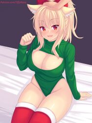 Rule 34 | 1girl, 1other, animal ears, blonde hair, blush, bow, breasts, cat ears, cat girl, cleavage, cleavage cutout, clothing cutout, commentary, english commentary, female focus, green leotard, hair bow, hair ornament, hand on another&#039;s head, hand up, highleg, highleg leotard, highres, large breasts, leotard, long hair, long sleeves, looking at viewer, nottytiffy, original, parted lips, patreon username, paw pose, ponytail, red bow, red eyes, red thighhighs, sitting, slit pupils, smile, solo, thighhighs, thighs, tiffy (nottytiffy)