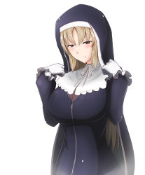 Rule 34 | 1girl, absurdres, blonde hair, blush, breasts, capelet, cleavage, fujikusa, gloves, habit, highres, large breasts, long hair, looking down, nijisanji, nun, parted bangs, see-through, simple background, sister claire, sister claire (1st costume), smile, solo, very long hair, virtual youtuber, white background, white capelet, white gloves, yellow eyes, zipper, zipper pull tab