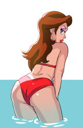 Rule 34 | 1girl, alternate costume, ass, back, bikini, blue eyes, brown hair, donkey kong (1981 game), donkey kong (series), highres, lipstick, long hair, looking at viewer, looking back, makeup, mario (series), nintendo, pauline (mario), peppertroopa, shiny skin, simple background, smile, swimsuit, thick lips, thighs, water