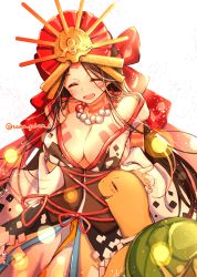 Rule 34 | 1girl, bead necklace, beads, body markings, breasts, brown hair, cleavage, closed eyes, fate/grand order, fate (series), hair between eyes, headdress, highres, himiko (fate), himiko (third ascension) (fate), jewelry, large breasts, long hair, long hair between eyes, long sleeves, necklace, simple background, smile, solo, turtle, twitter username, yui (tamagohan)