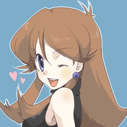 Rule 34 | 1girl, ageha, armpits, arms at sides, bare shoulders, black dress, blue background, blue eyes, breasts, brown hair, creatures (company), dress, earrings, eyelashes, female focus, from side, game freak, green (pokemon), hair between eyes, happy, heart, jewelry, long hair, looking at viewer, lowres, medium breasts, neck, nintendo, one eye closed, open mouth, pokemon, pokemon adventures, shiny skin, short dress, sidelocks, simple background, sleeveless, sleeveless dress, smile, turning head, turtleneck, turtleneck dress, wink