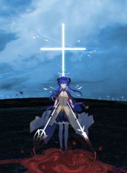 Rule 34 | 1girl, arknights, blood, blue capelet, blue eyes, blue gloves, blue hair, blue skirt, blue sky, capelet, cloud, commentary, cross, demon horns, dress, elbow gloves, energy wings, feet out of frame, gloves, gold trim, halo, highres, hill, holding, holding staff, horns, long hair, looking at viewer, matsuoka (mtok 0), mostima (arknights), mostima (spellbreaker) (arknights), outdoors, pantyhose, partially fingerless gloves, pool of blood, serious, skirt, sky, solo, staff, wading, white dress, white pantyhose, wings