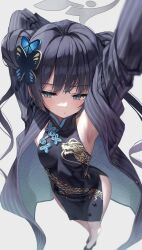 Rule 34 | 1girl, arm up, armpits, black dress, black hair, blue archive, braid, braided bun, butterfly hair ornament, china dress, chinese clothes, coat, double bun, dragon print, dress, from above, grey eyes, hair bun, hair ornament, halo, highres, kisaki (blue archive), pelvic curtain, pinstripe jacket, pinstripe pattern, print dress, short dress, sleeveless, sleeveless dress, solo, stretching, striped, striped coat, superpig, twintails, vertical-striped coat