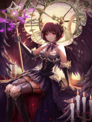 Rule 34 | 1girl, backlighting, bare shoulders, black dress, black gloves, black thighhighs, black wings, breasts, brown hair, candle, candlestand, cleavage, clock, cross-laced clothes, demon, dew (7302235), dress, elbow gloves, fire, fire, garter straps, gears, gloves, highres, holding, holding staff, horns, indoors, looking at viewer, medium breasts, original, parted lips, red eyes, short hair, sitting, solo, staff, thighhighs, tower, wings