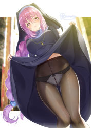 Rule 34 | 1girl, blush, bow, bow panties, breasts, clothes lift, commission, cross, cross necklace, gluteal fold, jewelry, lace, lace panties, long hair, looking at viewer, maronie., necklace, nun, original, panties, panties under pantyhose, pantyhose, pink eyes, pink hair, skirt, skirt lift, solo, thigh gap, underwear, very long hair, white panties