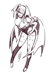 Rule 34 | 1girl, breasts, capcom, female focus, ganto, grin, huge breasts, large breasts, looking at viewer, monochrome, morrigan aensland, smile, solo, vampire (game), white background, wide hips