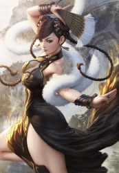 Rule 34 | 1girl, armpits, black dress, bracelet, braid, breasts, capcom, china dress, chinese clothes, chun-li, cleavage, cleavage cutout, clothing cutout, double bun, dress, earrings, fighting stance, folding fan, fur, hair bun, halter dress, halterneck, hand fan, highres, jewelry, large breasts, lips, looking at viewer, md5 mismatch, nose, official alternate costume, ring, see-through, smile, solo, stanley lau, street fighter, street fighter v, thick thighs, thighs, toned, twin braids