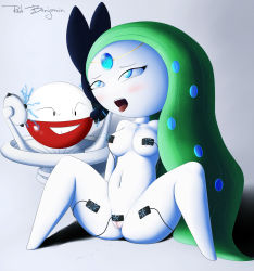 Rule 34 | 1girl, ahegao, arm support, artist name, black eyes, blue eyes, blush, breasts, cleft of venus, collarbone, creatures (company), electricity, electrode (pokemon), electrodes, electrostimulation, full body, furry, game freak, gen 1 pokemon, gen 5 pokemon, green hair, half-closed eyes, highres, legendary pokemon, long hair, looking up, medium breasts, meloetta, mythical pokemon, navel, nintendo, nude, open mouth, pokemon, pokemon (creature), pokemon bw, pokemon rgby, pussy, pussy juice, red benjamin, saliva, signature, sitting, smile, spread legs, teeth, text focus, tongue, tongue out, uncensored