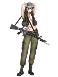 Rule 34 | 1girl, alternate costume, arms behind head, assault rifle, bandaged head, bandages, bandaid on eye, bandaid on stomach, bayonet, black footwear, black hair, blonde hair, boots, breasts, dog tags, full body, girls&#039; frontline, green pants, green vest, grey panties, gun, gun sling, highres, kitsune udon (ai br), long hair, looking at viewer, m16, m16a1, m16a1 (girls&#039; frontline), military uniform, multicolored hair, orange eyes, panties, pants, parted lips, pouch, rifle, solo, streaked hair, underwear, uniform, vest, weapon, white background