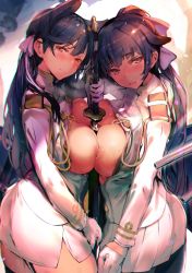 Rule 34 | 2girls, afukuro, animal ears, atago (azur lane), azur lane, black hair, black legwear, bow, breast press, breasts, brown eyes, commentary request, from side, garter straps, gloves, hair bow, hair ribbon, highres, holding, holding sword, holding weapon, large breasts, long hair, looking at viewer, military, military uniform, miniskirt, mole, mole under eye, multiple girls, nipples, open mouth, pantyhose, pleated skirt, ponytail, ribbon, skirt, standing, swept bangs, sword, symmetrical docking, takao (azur lane), thighhighs, uniform, weapon, white bow, white gloves, white skirt