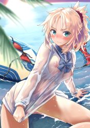 Rule 34 | 1girl, aqua eyes, arm support, beach, bikini, unworn bikini, blonde hair, blue eyes, blush, braid, breasts, closed mouth, commentary request, day, dress, dress tug, embarrassed, eyes visible through hair, fate/apocrypha, fate/grand order, fate (series), feet out of frame, female focus, frown, gradient eyes, green eyes, highres, long hair, long sleeves, looking at viewer, mordred (fate), mordred (fate) (all), mordred (fate/apocrypha), mordred (swimsuit rider) (fate), mordred (swimsuit rider) (second ascension) (fate), mozu (peth), multicolored eyes, nipples, nose blush, ocean, outdoors, palm tree, ponytail, red bikini, sailor dress, see-through, sitting, solo, surfboard, swimsuit, tree, water, wavy mouth, wet, wet clothes, white dress