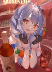 Rule 34 | 1girl, absurdres, alcohol, animal ear fluff, animal ears, arm support, bad id, bad pixiv id, bar (place), bare shoulders, black gloves, blue hair, blush, bottle, braid, carrot hair ornament, commentary request, counter, cup, detached sleeves, drinking glass, extra ears, fisheye, food-themed hair ornament, fur scarf, fur trim, gloves, hair between eyes, hair ornament, head tilt, highres, holding, holding own hair, hololive, ice, ice cube, indoors, light rays, long hair, looking at viewer, multicolored hair, nametarou (meron), open mouth, orange eyes, puffy short sleeves, puffy sleeves, rabbit ears, rabbit girl, shelf, short sleeves, sidelocks, solo, thick eyebrows, twin braids, twintails, two-tone hair, upper body, usada pekora, usada pekora (1st costume), virtual youtuber, white hair