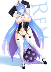 Rule 34 | 10s, 1girl, alternate breast size, alternate hair length, alternate hairstyle, armpits, arms up, black panties, blue eyes, blue hair, breastless clothes, breasts, breasts out, bustier, character name, cleavage, corset, curvy, detached sleeves, hair ornament, hair ribbon, hands up, hyji, large breasts, long hair, looking at viewer, maid, mary janes, matching hair/eyes, navel, nipples, aged up, panties, re:zero kara hajimeru isekai seikatsu, rem (re:zero), ribbon, shoes, solo, standing, thick thighs, thighhighs, thighs, underwear, very long hair, weapon, white thighhighs, wide hips