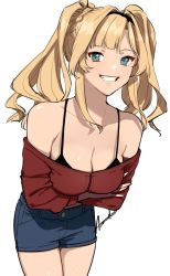 Rule 34 | 1girl, asazuke25, blonde hair, blue eyes, blush, bra, braid, breasts, cleavage, crossed arms, granblue fantasy, hair intakes, hair ornament, hairband, highres, large breasts, long hair, looking at viewer, off-shoulder jacket, off shoulder, shorts, simple background, smile, solo, sweater, twintails, underwear, zeta (granblue fantasy)