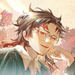 Rule 34 | 1boy, bespectacled, brown hair, chinese commentary, collared shirt, commentary request, fuxiangyi800, glasses, green jacket, hand on own cheek, hand on own face, harada minoru, highres, jacket, long hair, long sleeves, male focus, open mouth, portrait, red eyes, saibou shinkyoku, scar, scar on face, scar on forehead, shirt, smile, solo, teeth, upper teeth only, white shirt