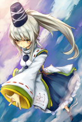 Rule 34 | 1girl, boots, breasts, cheungchz, hat, japanese clothes, long hair, mononobe no futo, outstretched arm, ponytail, silver hair, solo, tate eboshi, touhou, yellow eyes