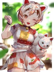 Rule 34 | 1girl, animal ears, bell, breasts, calico, cat ears, cat girl, cat tail, crop top, fang, goutokuji mike, highres, jingle bell, maneki-neko, medium breasts, medium skirt, midriff, multicolored clothes, multicolored hair, multicolored shirt, multicolored skirt, multicolored tail, neck bell, open mouth, orange eyes, outdoors, patch, patchwork clothes, paw pose, short hair, skirt, streaked hair, tail, touhou, white hair, yuuki uyu