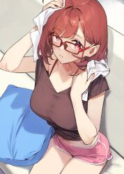 Rule 34 | 1girl, 92m, breasts, brown shirt, commentary request, glasses, highres, holding, holding towel, kinshi no ane (92m), large breasts, looking at viewer, midriff, navel, original, pillow, pink shorts, red-framed eyewear, red eyes, red hair, shirt, short hair, short shorts, short sleeves, shorts, sitting, solo, thighs, towel
