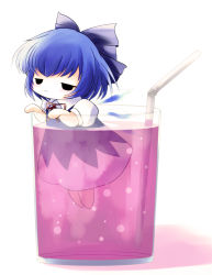 Rule 34 | 1girl, :3, blue hair, bubble, chibi, cirno, cup, drink, drinking straw, embodiment of scarlet devil, highres, in container, in cup, mini person, minigirl, mundane utility, short hair, smug, solo, touhou, wings, yume shokunin