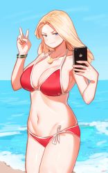 Rule 34 | 1girl, beach, bikini, blonde hair, blue eyes, blush, breasts, cellphone, cleavage, closed mouth, commentary, cowboy shot, derivative work, english commentary, fingernails, grand theft auto, grand theft auto v, hand up, highres, holding, holding phone, jewelry, large breasts, long hair, looking at viewer, nail polish, navel, necklace, ocean, phone, red bikini, ring, ryusei hashida, side-tie bikini bottom, smartphone, smile, solo, swimsuit, v, wristband, yellow nails