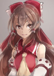 Rule 34 | 1girl, :d, bare shoulders, bow, brown eyes, brown hair, detached sleeves, grey background, hair between eyes, hair bow, hair tubes, hakurei reimu, long hair, opanchu (pixiv259683), open mouth, red bow, red vest, ribbon-trimmed sleeves, ribbon trim, sidelocks, simple background, smile, solo, touhou, upper body, very long hair