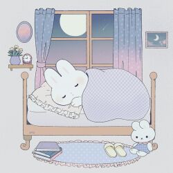 Rule 34 | analog clock, ayu (mog), book, book stack, clock, closed eyes, curtains, full moon, indoors, moon, no humans, original, picture frame, pillow, plant, potted plant, rabbit, sleeping, slippers, solo, star (sky), stuffed animal, stuffed rabbit, stuffed toy, under covers, window