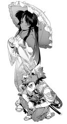 Rule 34 | 1boy, 1girl, bandaged arm, bandages, blunt bangs, commentary request, full body, gomoku (gomoku418), greyscale, high ponytail, highres, holding, holding umbrella, japanese clothes, kimono, kneeling, long hair, long sideburns, looking at another, monochrome, multiple swords, musashi (housamo), protagonist 2 (housamo), sandals, scar on head, screentones, shade, sideburns, sidelocks, simple background, thick eyebrows, tokyo houkago summoners, umbrella, white background, zouri