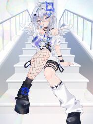 Rule 34 | 1girl, absurdres, alternate costume, amane kanata, angel, angel wings, auatuyoi, black footwear, black socks, blue hair, blue nails, blush, cigarette, colored inner hair, feathered wings, hair intakes, hair ornament, halo, highres, holding, holding cigarette, hololive, light blush, long hair, long sleeves, looking at viewer, mini wings, multicolored hair, nail polish, purple eyes, shoes, short hair, short sleeves, single bare shoulder, single off shoulder, sitting, sitting on stairs, socks, solo, stairs, star halo, streaked hair, thigh strap, virtual youtuber, white hair, white leg warmers, wings, x hair ornament