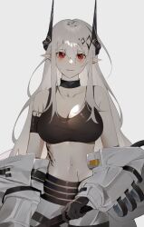 Rule 34 | 1girl, arknights, bare shoulders, black gloves, black tank top, blush, breasts, cleavage, closed mouth, coat, collar, collarbone, docchibii, ear piercing, gloves, grey hair, hair between eyes, hair ornament, highres, horns, infection monitor (arknights), linea alba, long hair, long sleeves, looking at viewer, material growth, medium breasts, mudrock (arknights), navel, off shoulder, open clothes, open coat, oripathy lesion (arknights), parted lips, piercing, pointy ears, red eyes, shirt, sidelocks, simple background, smile, solo, sweatdrop, tank top, upper body, white background, white coat