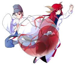 Rule 34 | 1boy, 1girl, alphes (style), black hair, blue cape, blue hat, blue pants, breasts, cape, closed mouth, dairi, full body, hakama, hakama skirt, haori, hat, japanese clothes, long hair, long sleeves, medium breasts, own hands together, pants, parody, red eyes, red hair, see-through, shingyoku (male), shingyoku (touhou), short hair, skirt, smile, style parody, tabi, tate eboshi, touhou, touhou (pc-98), transparent background, tsurime, white footwear, yin yang