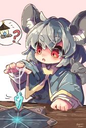 Rule 34 | 1girl, ?, animal, animal ears, animal on shoulder, bishamonten&#039;s pagoda, blue capelet, capelet, highres, jewelry, mame komari, mouse (animal), mouse ears, mouse girl, mouse tail, nazrin, one-hour drawing challenge, open mouth, pendant, pendulum, red eyes, short eyebrows, simple background, speech bubble, tail, touhou, twitter username, upper body, white background