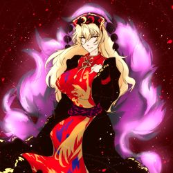 Rule 34 | 1girl, animal print, aura, black dress, blonde hair, breasts, chinese clothes, dandara (karakure), dress, energy, female focus, fox tail, full body, hat, junko (touhou), large breasts, light particles, lips, long hair, looking at viewer, multiple tails, obi, red eyes, ribbon, sash, smile, solo, tabard, tail, touhou, very long hair