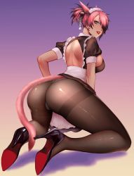 Rule 34 | 1girl, absurdres, animal ears, ass, warrior of light (ff14), black pantyhose, blue eyes, breasts, cat ears, cat tail, final fantasy, final fantasy xiv, gradient background, hair over one eye, high heels, highres, kneeling, large breasts, maid, maid headdress, milk4290, miqo&#039;te, panties, panties under pantyhose, pantyhose, parted lips, pink hair, pink tail, puffy short sleeves, puffy sleeves, pumps, red lips, red soles, second-party source, shoes, short hair, short sleeves, solo, stiletto heels, tail, underwear, white panties, zephyr winds