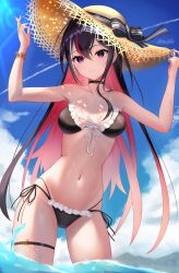 Rule 34 | 1girl, absurdres, arms up, azki (hololive), bikini, black bikini, black choker, black hair, blue sky, bow, bracelet, breasts, choker, cloud, colored inner hair, cowboy shot, day, hat, hat bow, highres, hololive, jewelry, long hair, medium breasts, multicolored hair, navel, outdoors, parted lips, pink hair, purple eyes, sky, solo, stomach, straw hat, streaked hair, swimsuit, telu (teluscarlet), thigh strap, two-tone hair, very long hair, virtual youtuber, wading, water, wet