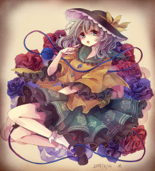Rule 34 | 1girl, aqua eyes, blue rose, bow, dated, floral print, flower, hat, hat bow, komeiji koishi, long sleeves, looking at viewer, m (neteitai10), mary janes, open mouth, red rose, rose, shirt, shoes, signature, silver hair, skirt, solo, third eye, touhou, wide sleeves