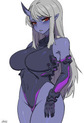 Rule 34 | 1girl, bare shoulders, black leotard, blue oni, blue skin, blush, colored skin, covered navel, cowboy shot, elbow gloves, eyeshadow, gloves, grey hair, highleg, highleg leotard, horns, kimiko (zakusi), leotard, long hair, looking at viewer, makeup, navel, oni, original, parted lips, red eyes, signature, simple background, single horn, solo, standing, triangle mouth, white background, zakusi