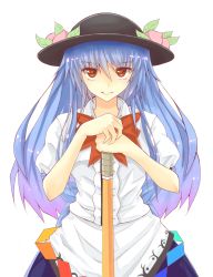 Rule 34 | 1girl, bad id, bad pixiv id, blue hair, bow, dress, food, fruit, grin, hand on hilt, hand rest, hat, highres, hinanawi tenshi, layered dress, leaf, long hair, looking at viewer, peach, puffy short sleeves, puffy sleeves, red eyes, short sleeves, simple background, smile, sword of hisou, touhou, white background, x&amp;x&amp;x