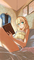 Rule 34 | 1boy, absurdres, bare legs, bed, blonde hair, book, bridget (guilty gear), camisole, clothes hanger, frilled camisole, frills, guilty gear, guilty gear strive, highres, holding, holding book, hood, hooded jacket, jacket, medium hair, open book, open mouth, panties, picture frame, sitting, solo, sugajyun, thighs, trap, underwear, unworn jacket