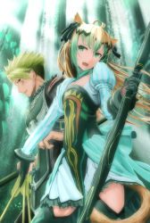 Rule 34 | 1boy, 1girl, absurdres, achilles (fate), animal ears, armor, arrow (projectile), atalanta (fate), blonde hair, bow (weapon), cat ears, fate/apocrypha, fate (series), green eyes, green hair, highres, holding, holding weapon, mukade (siieregannsu), multicolored hair, polearm, spear, thighhighs, two-tone hair, weapon